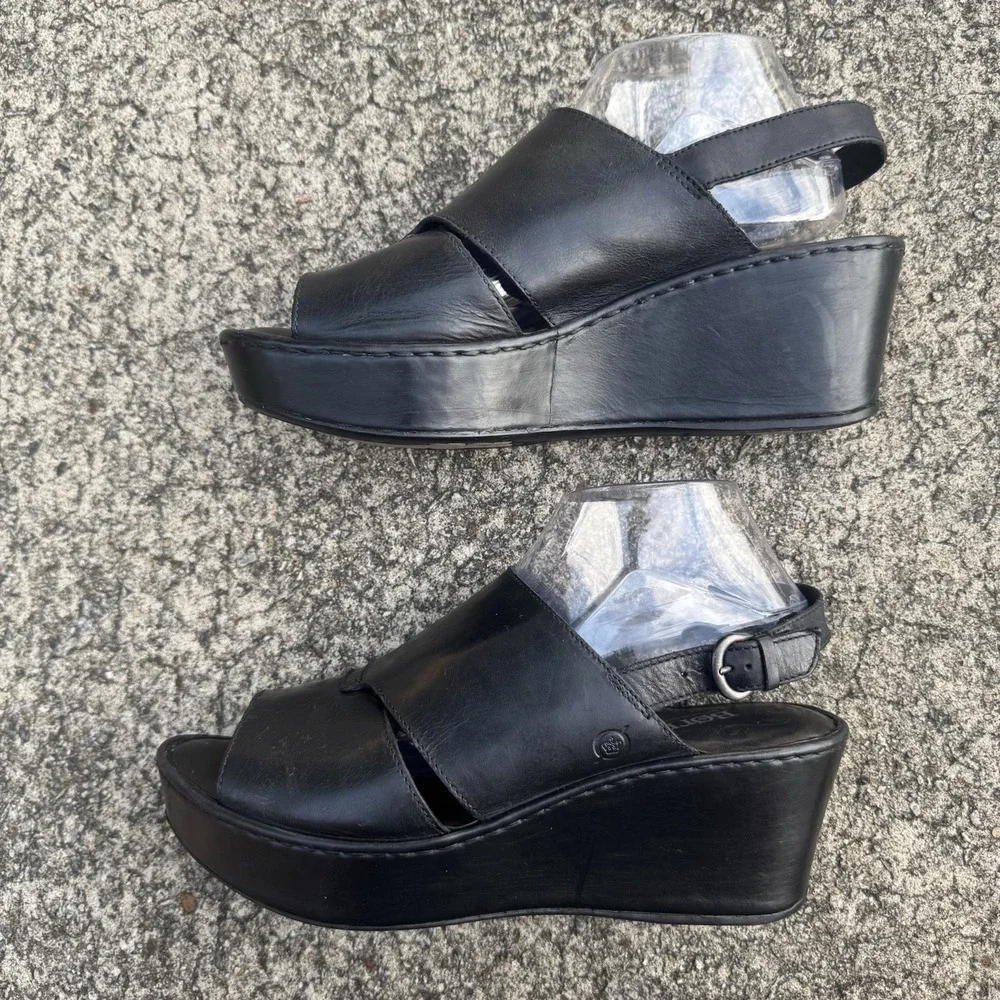 BORN Emmy Platform 4" Wedge‎ Cross Strap Women's Sz 11 M Black Leather Sandals - Picture 6 of 12